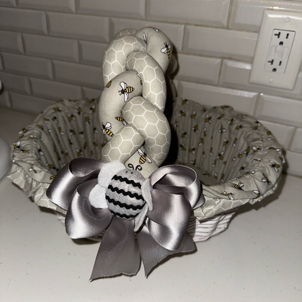 Bee-Themed Hand-Sewn Basket with Gray Accents